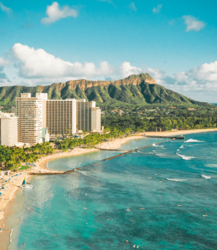 Aerial view of Honolulu, Hawaii coastline, daylight
